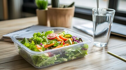 Healthy Office Lunch Salad in Clear Container workplace