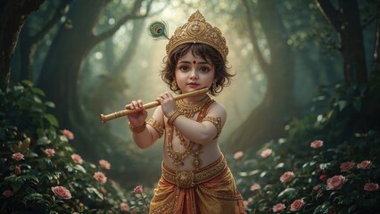 Young Lord Krishna Child Playing Flute in Enchanted Forest Hindu Mythology
