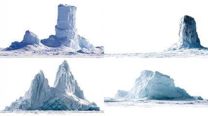 Four views of large icy formations, in shades of blue and white, on a snowy landscape under a clear sky