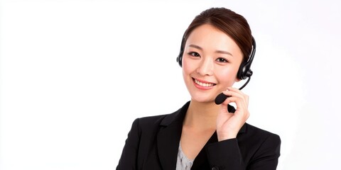 Smiling woman in a headset, representing customer service and support in a professional setting.