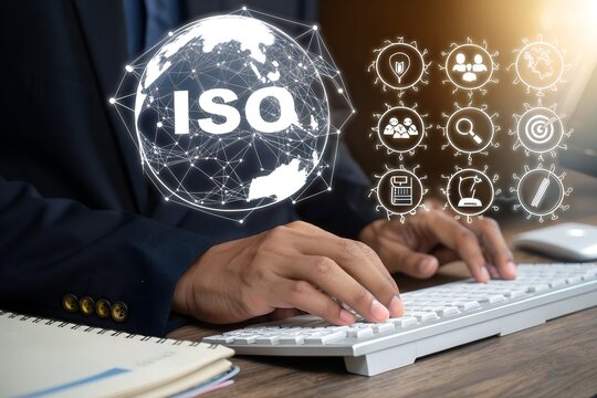 Professional hands type on a keyboard, interacting with a digital globe showing ISO standards and business process icons for global quality management and compliance.