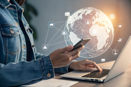 A person uses a smartphone and types on a laptop, with a glowing digital globe illustrating global network connectivity and digital communication.