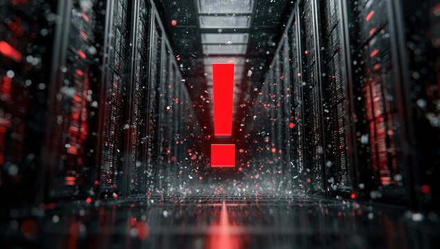 A digital rendering of a server room hallway with a large, red exclamation mark at the end, 