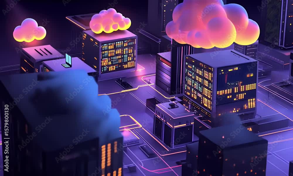 Poster 
A cloud computing concept with laptops and computers connected to the internet, creating an abstract digital landscape with data visualization on screen.
