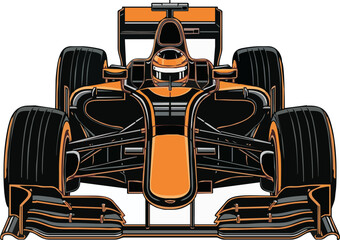 Orange and black Formula 1 race car, front view, detailed illustration.