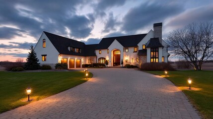 Obraz premium Elegant modern house with stunning architecture and inviting outdoor lighting at dusk in tranquil countryside setting