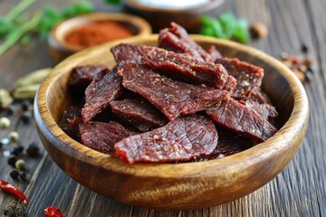 Appetizing rustic wooden bowl filled with dark red beef jerky, Delicious homemade jerky herbs