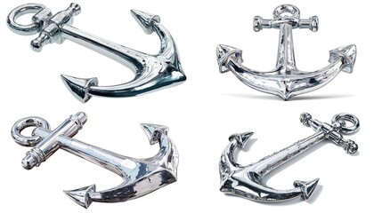 Four silver nautical anchors displayed in different orientations, casting shadows