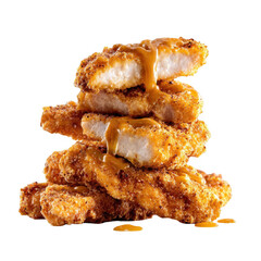 Stack of breaded, fried chicken pieces, drizzled with sauce