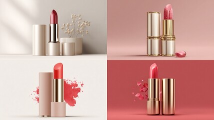 Four lipstick cosmetic product shots featuring different shades and arrangements in a studio setting