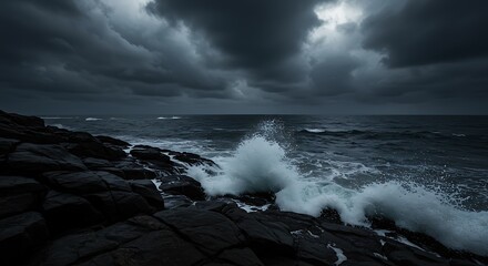 Stormy waves crash against dark rocky shore under dramatic clouds