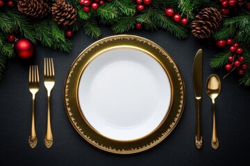 Christmas-themed flat lay table setting with green, red, and gold Empty plate is waiting for