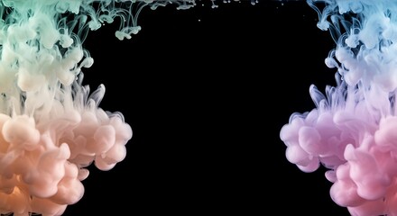 Swirling clouds of teal peach and pink ink on a black background