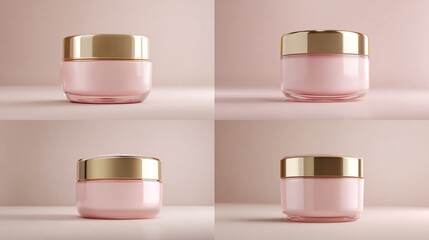 Four views of a pink cosmetic jar with a gold lid, presented on a matching pink background
