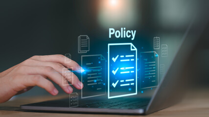 Businessman checking steps through a virtual online document with a list of checkboxes Concepts of practices and policies, company articles of association Terms and Conditions ,quality inspection