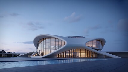 Futuristic white building with glass walls and blue pool architecture