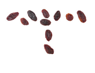 Top view of dried raisins isolated on white background.