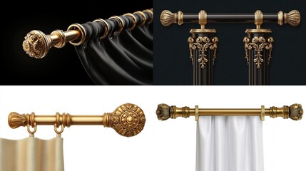 Four sections showcase ornate gold-toned curtain rods with dark and light drapes against black and white backgrounds