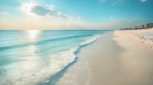 Serene beachscape with tranquil waves and soft white sand under a bright blue sky.