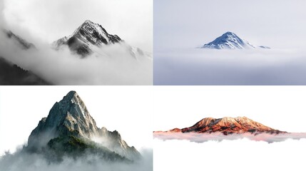 Four images display varying mountain peaks rising through mist or clouds, showcasing diverse colors and angles