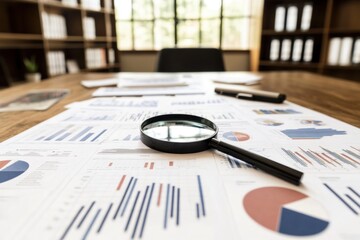 Data Analysis Concept: Table with Multiple Colorful Graphs, Charts, and Magnifying glass analyzing statistical business charts