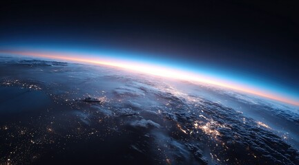 A breathtaking view of Earth from space, showcasing the curvature of the planet with a vibrant sunrise or sunset illuminating the atmosphere and the land below. City lights are visible at night