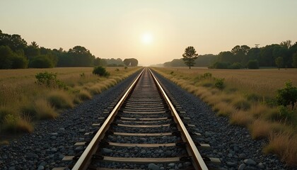 Fototapeta premium Sunrise over Railroad Tracks in a Rural Landscape