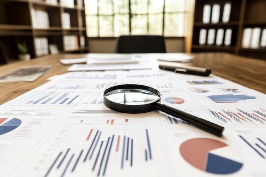 Data Analysis Concept: Table with Multiple Colorful Graphs, Charts, and Magnifying glass analyzing statistical business charts