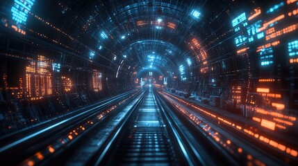 AI-controlled futuristic subway system with glowing digital route maps 