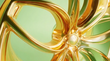 Close-up of a gleaming gold alloy wheel, exhibiting intricate, flowing spokes against a muted green backdrop.  The metallic sheen and curves create a sense of luxury and motion