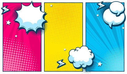Comic pop art background in three color blue, pink and yellow with blank speech bubble