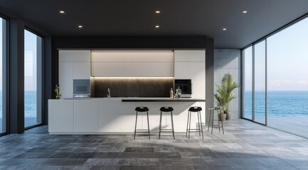 Modern kitchen with ocean view, featuring sleek white cabinets, dark countertops, and three bar stools. Large windows offer panoramic coastal scenery