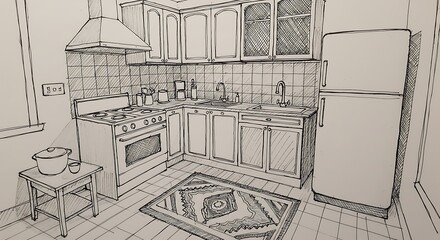 Fototapeta premium Hand-drawn illustration of a kitchen interior, featuring appliances and cabinetry.