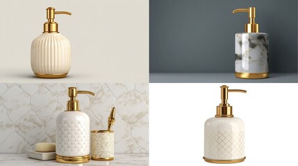 Four close-up product shots showcase elegant soap dispensers with gold accents and a variety of textures