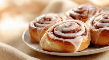 Close-up of four freshly baked cinnamon rolls, glazed with a sweet icing, arranged on a plate against a soft, light background