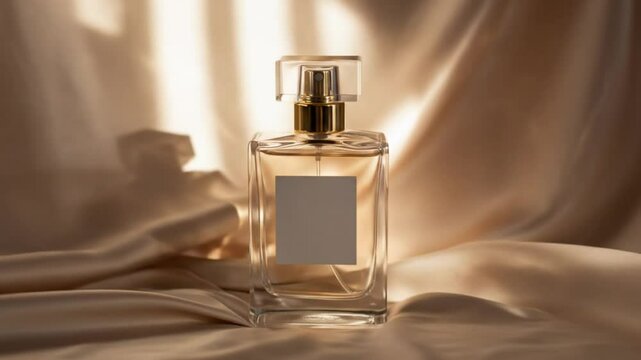 Beige silk background with clear glass perfume bottle