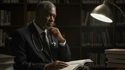 Pensive mature African American doctor with a stethoscope studying a medical book in a library. Lifelong learning and medical research concept.