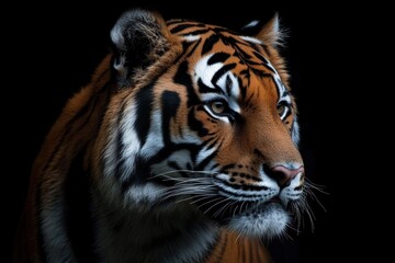 Fototapeta premium Intense Close-Up Portrait of Tiger with Piercing Eyes on Black Front view Sumatran isolated