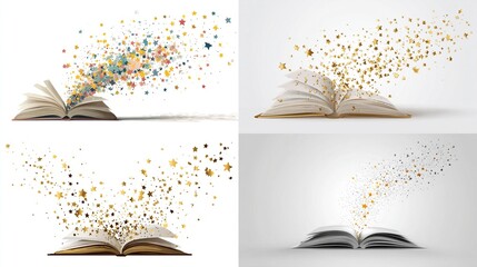 Open books emit colorful stars in a magical, abstract collage