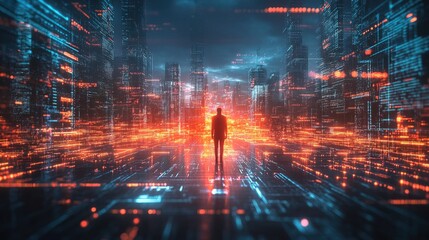 Virtual reality navigation through a cybernetic glowing travel map