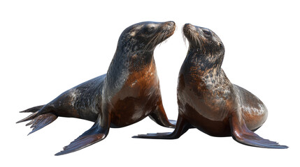 Fototapeta premium Two adorable brown fur seals are playfully interacting with each other against a plain white background, creating a heartwarming and captivating image.
