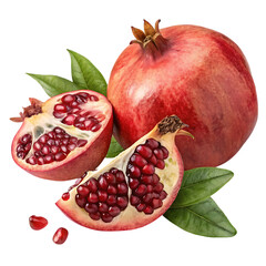 Whole and halved ripe pomegranates with green leaves isolated on transparent background