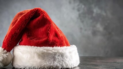 Festive Santa hat crafted from red velvet with a fluffy white trim on a gray background, waiting for Christmas - Powered by Adobe