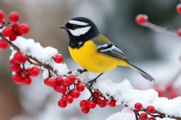 Fototapeta premium Peaceful Scene: Great Tit Bird Perched on Snow-covered Branch with perching snow covered