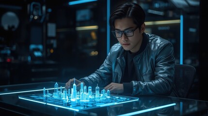 Asian Engineer Working with Futuristic Holographic City Model and Blue Light Interface