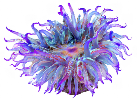 Captivating close-up of a vibrant bubble tip anemone, displaying its mesmerizing purple and blue tentacles against a pristine white background perfectly.