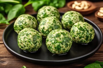 Fototapeta premium Rustic and Appetizing: Black Plate with Green Meatballs in Creamy Steamed spinach ricotta gnocchi balls
