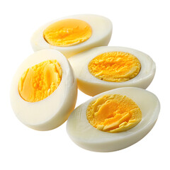 Four halved hard boiled eggs with bright yellow yolks isolated on transparent background