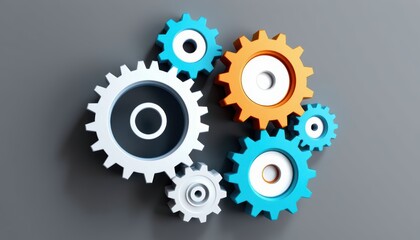 Colorful gears arranged in a dynamic composition on a gray background.