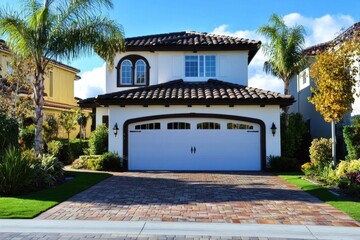 Naklejka premium Stunning two-story house with white garage door, surrounded by palm New one-story home a tile